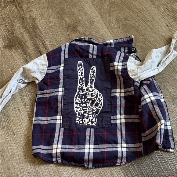 7 For All Mankind Navy Plaid Shirt with Gray Sleeves - Picture 2 of 2